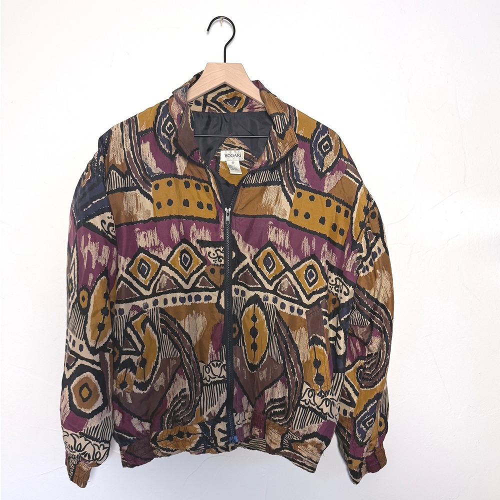 Vintage Bogari 100% Silk Bomber Jacket Abstract Geometric Print 90s M